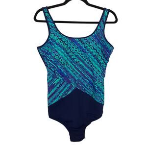 Lands End One Piece Swimsuit Womens 14 Tummy Control Navy Blue Teal Ombré Ripple